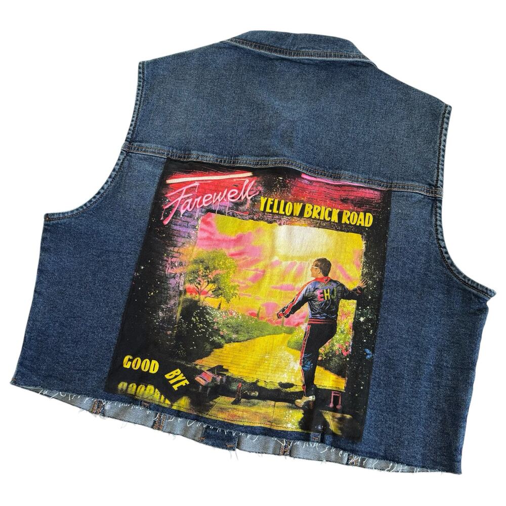 Reworked Apparel Elton John Raw Hem Cropped Denim Vest Women's XL Upcycled